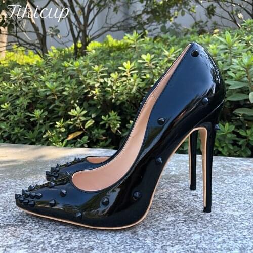 Tikicup Black Rivets Women Patent High Heels Sexy Pointed Toe Stilettos With Spikes Ladies Slip On Pumps Fashion Party Shoes