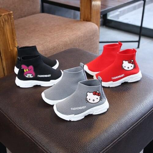 Sanrio Hello Kitty casual shoes autumn childrens socks shoes boys and girls flying woven mesh sneakers high-top elastic shoes