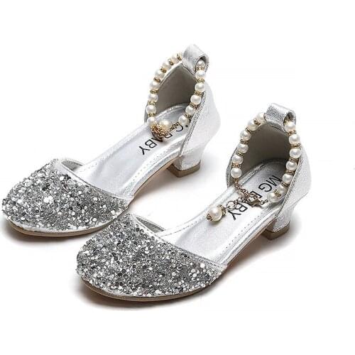Girls Princess Leather Shoes For Kids Latest Fashion Glitter Children High Heel Artificial Pearl Sequin Shoes Gold Silver
