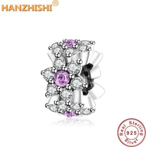 Forget Me Not Spacer Charms With Purple Clear CZ Fits Original pandora Charms Bracelet Jewelry Making 925 Sterling Silver Beads