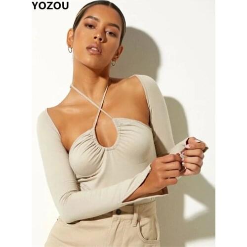 2021 Women Long Sleeve Crop Top T-Shirt Trendy Slim Bodycon Cotton Solid Short Streetwear Off Shoulder Brown Black White Halter