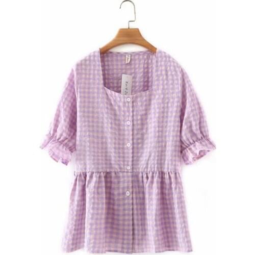 Plus size plaid square collar cotton women loose tshirts 2021 new summer casual ladies butterfly sleeve t shirts female top