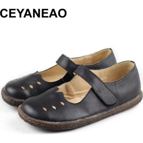 CEYANEAO Women Flat Shoes Black Casual Hook&loop Womens Summer Footwear Genuine Leather Ladies Flat Shoes (w168-4)