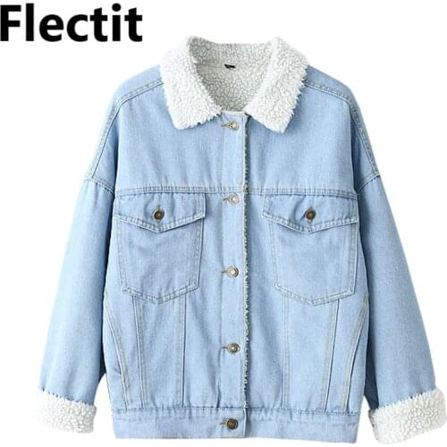 Winter Fur Denim Jacket Women Bomber Jacket Long Sleeve Washed Blue Jeans Jacket Coat with Warm Lining Front Button Flap Pockets