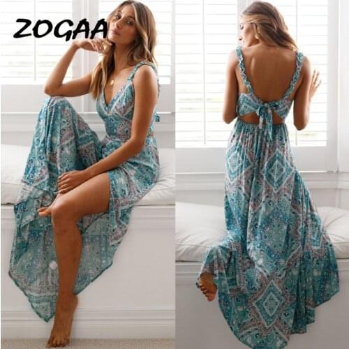 ZOGAA Beach Summer Print Floral Long Dress Women Sexy Boho Maxi Evening Party Dress Sleeveless Backless Holiday Dresses