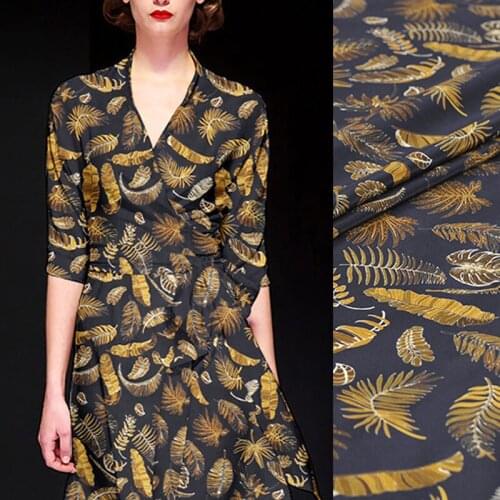 140CM 16MM Golden Leaves Print Thin Crepe De Chine Fabric for Summer Dress Skirt Shirt Scarf Pants J140
