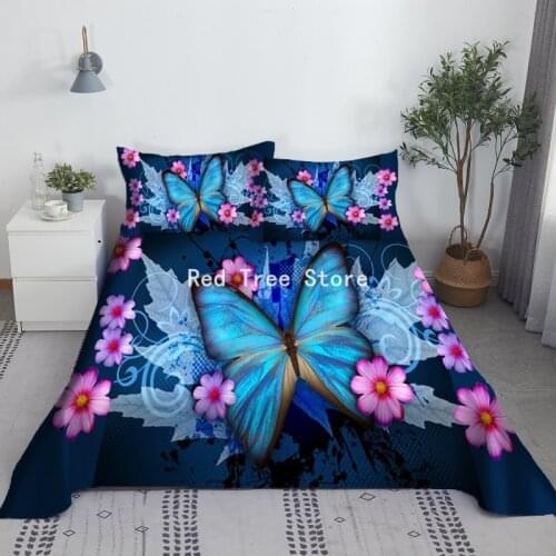 3D Print Butterfly Flower Flat Sheet with Pillowcase 2/3pcs Set Bedroom Decor Polyester High Quality Bedspread Drop Shipping