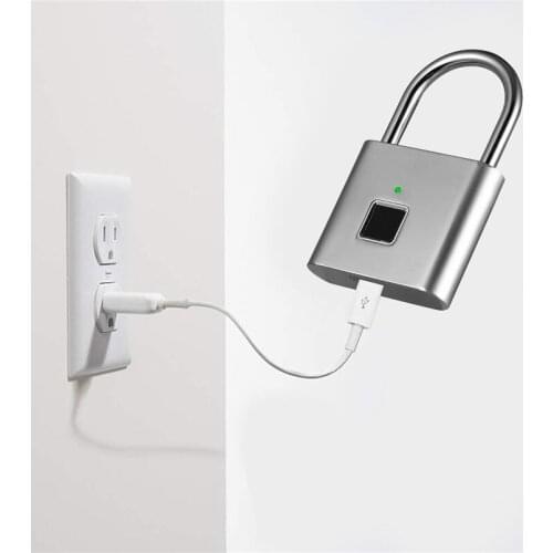 Black/Silver Fingerprint Keyless USB Rechargeable Door Lock Fingerprint Smart Zinc Alloy Padlock Quick Unlock Waterproof Chip