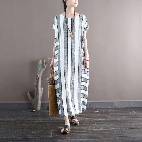 FairyNatural Ladies Striped Patchwork Dresses Pockets O-Neck Short Sleeve Women Cotton Retro Loose Robes Dress 2021 Summer New