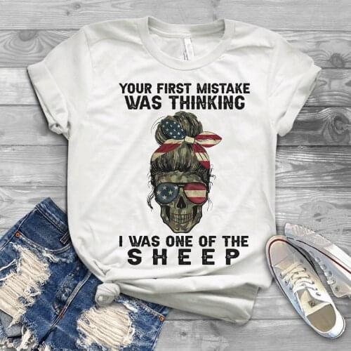 Colored skull Your First Mistake Was Thinking gothic t-shirt women 100% Cotton funny graphic quote Fashion unisex tee top tshirt