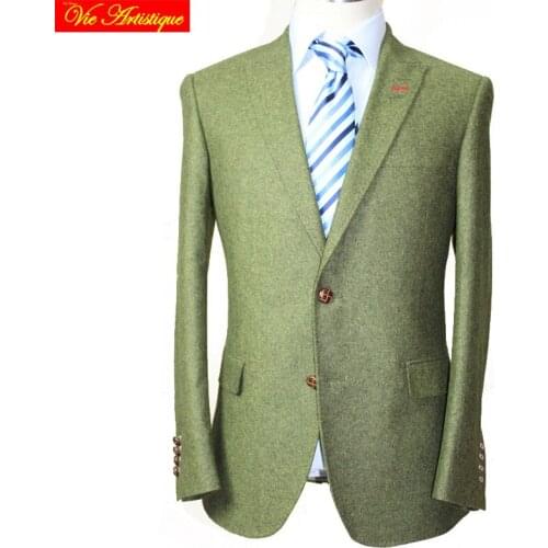 Custom tailor made Mens bespoke suits business formal wedding ware bespoke 2 piece Jacket coat pant green tweed wool slim fit
