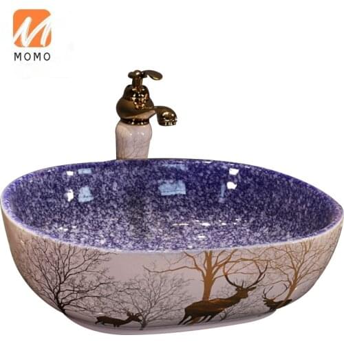 Modern Design Elk Pattern Sapphire blue Hand painted Ceramic Wash Basin Bathroom Sink