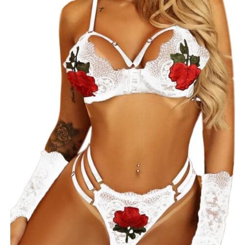 Ladys Sexy Lingerie Set, Flower Embroidery Sling Bra, Elastic Slim Panties, Solid Color Lace Gloves