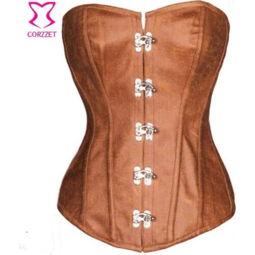Brown Sexy Leather Corsets And Bustiers Gothic Steel Boned Corset Overbust Steampunk Clothing Women Plus Size Lingerie Corpet