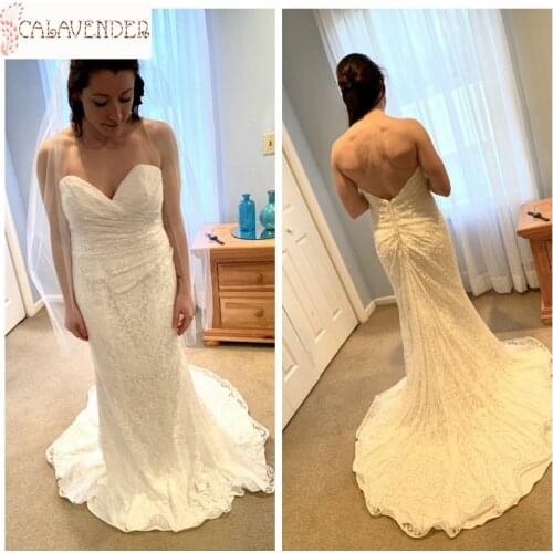 Strapless Lace Wedding Dresses 2020 White Pleated Mermaid Wedding Dresses Sleeveless Wedding Gowns with Sweep Train