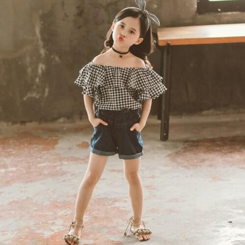 Summer Girls' Clothes Sets Stitching Doll Collar Short-Sleeved Plaid Shirt +Jeans Shorts Hot Pants Big Kids ChildrenS Clothing