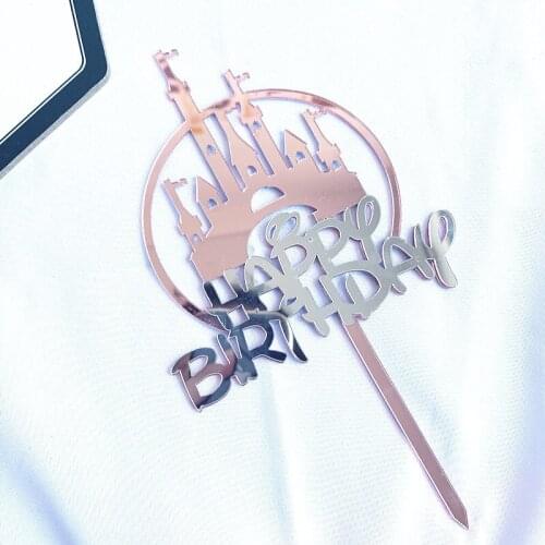 New Silver Pink Castle Cupcake Topper For Kids Birthday Party Cake Decorations Baby Shower Happy Birthday Acrylic Cake Topper