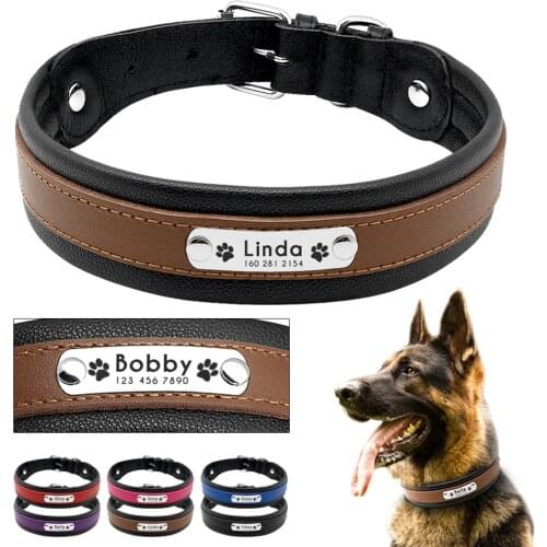 Large Dog Collar Genuine Leather Dog Collar Personalized Pet Name ID Collar Padded Customized For Medium Large Dogs