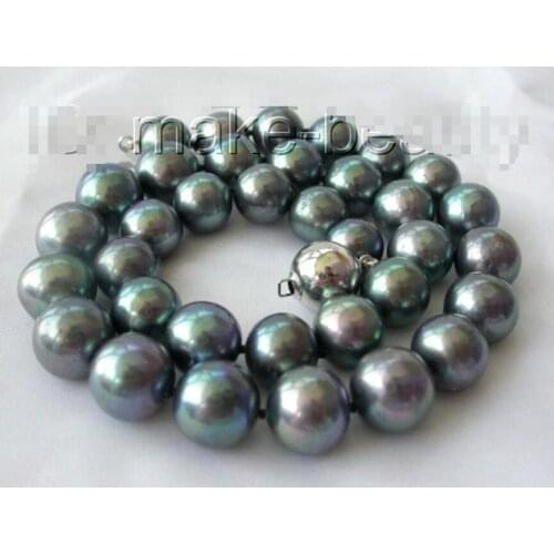 Stunning big 11-12mm perfect round black freshwater cultured pearl necklace silver