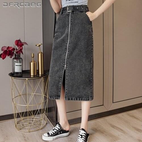 Casual Summer Women Denim Skirts With Zipper 2021 High Waist Sexy Split Slim Ladies Jeans Long Skirt For Belt Light Blue