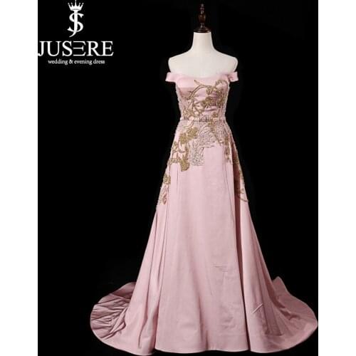2019 NEW Pink Long Evening Dress Beaded Off The Shoulder A-Line Floor Length Sweep Train Prom Dress Vestido de festa longo
