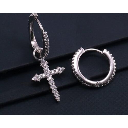 Crystal Cross Personalized Asymmetric Hoop Earrings Silver Mosaic Cubic Zircon Cross Pendant Earrings for Women Fashion Jewerly