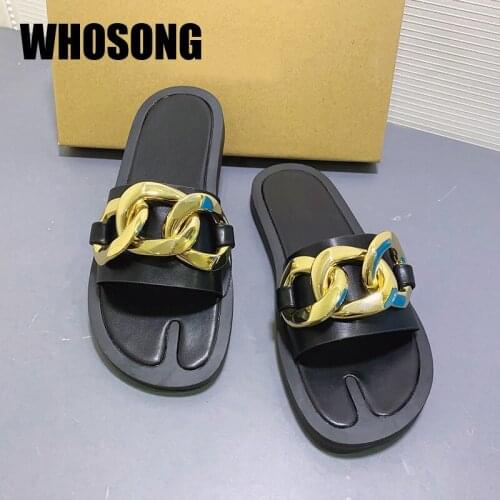 Summer Women Slippers Woman Chain Flats Girls Beach Slides Ladies Outside Shoes Female Real Leather Brand Mules Zapatos De Mujer