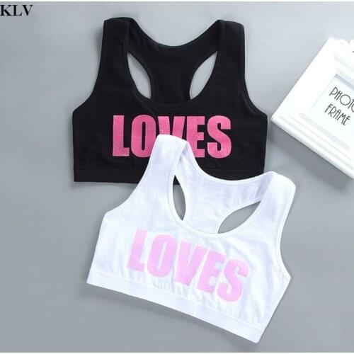 KLV Girls Cotton Sport Training Bra Love Letter Print Solid Color Wide Strap Wire Free Underwear Bralette For 8-16 Years Girls