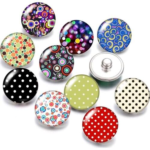 Dots Lines Pattern flowers 18mm snap buttons 10pcs mixed round photo glass cabochon style for snap button jewelry