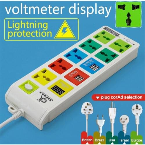 AU EU US 3m power wire 7 Outlet & 4 USB Charging Port and LCD voltmeter universal extension socket with Multi purpose socket