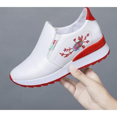 Height Increasing Insole Womens Shoes White Shoes Wedge Sneakers Female Students Slip-on Elastic Band Casual Embroidery Pumps