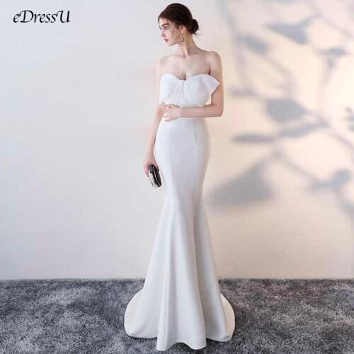 EDressU 2021 Strapless Mermaid Wedding Party Dress White Organza Bow Formal Prom Dress Full Length Long Elegant Wear YNY-1377