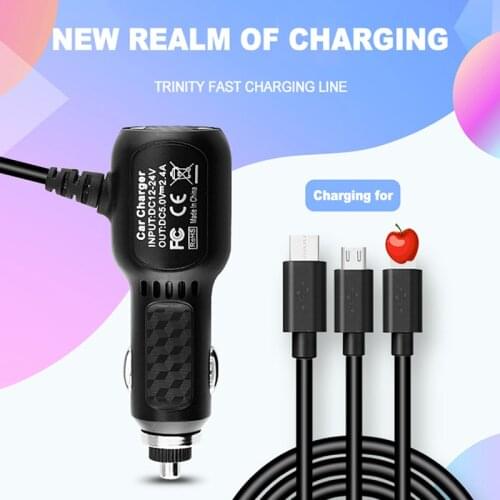 FLOVEME 10W 3 in 1 Car Charger Micor Cable Car Cigarette Lighter Charger Lightning Cable With 2 USB Car Charger Type C Cable
