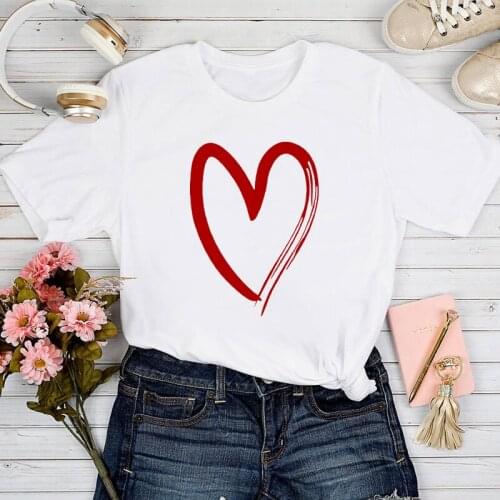 Red Love Literary Style Print 2021 T Shirt Women White Summer Tshirt Fashion Tops Stylish Clothes Color Painting T-shirt