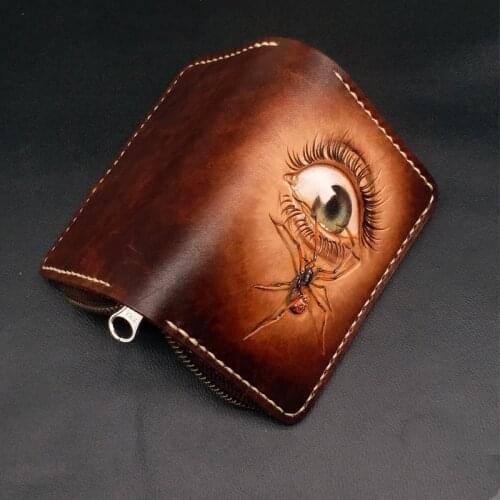 Women Men Vegetable Tanned Leather Key Wallet Interior Keys Carving Eyes Clutch Purse Short Wallets Holders Purses