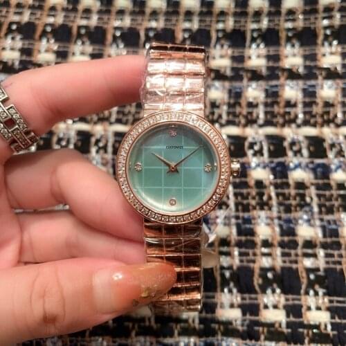 Hot Luxury Brand Round 4 Diamond Watch Quartz Female Grid pattern Mother Of Pearl Shell Dial Full Cz Clock Sign Name Wristwatch
