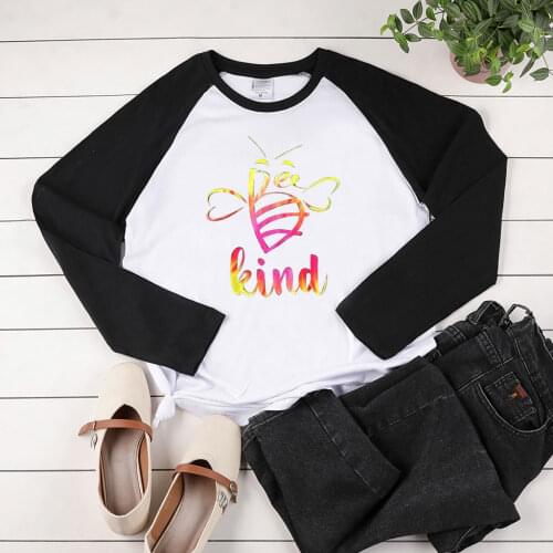 Bee Kind Print Long Sleeve T-shirts Women Autumn Winter Aesthetic Clothes Streetwear Graphic Tee Woman Two-tone Stiching Tshirt