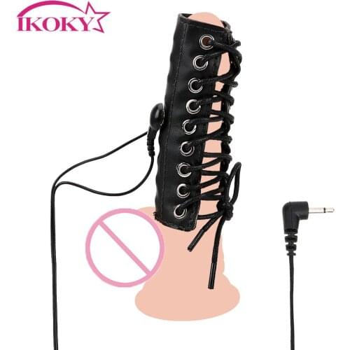 IKOKY PU Leather Electric Shock Penis Rings Sex Toys for Men Male Masturbation Cock Extender G-spot Climax Medical Themed Toys