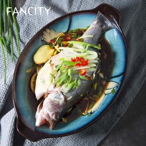 FANCITY Japanese creative ceramic tableware hand-painted magnolia double ear oval fish plate boat-shaped fish plate fruit plate