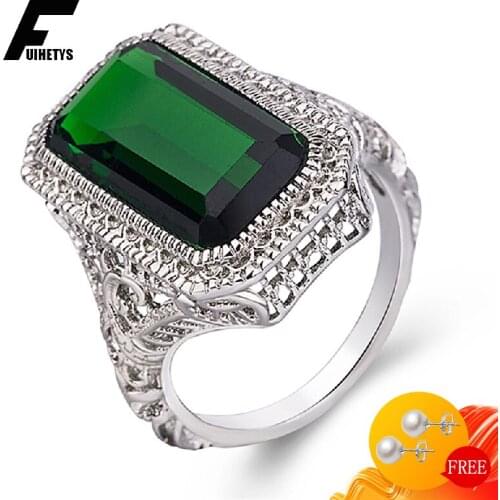 Classic 925 Silver Jewelry Ring Rectangle Emerald Gemstone Finger Rings for Women Wedding Engagement Party Accessories Wholesale