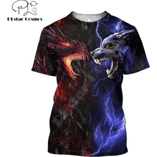 Summer Hipster Men t-shirt Red/blue dragon and wolf 3D All Over Printed Harajuku Short sleeve T shirt Unisex Casual tops TX0188
