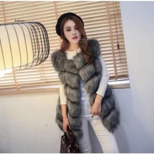 Fashion Winter Warm High Imitation Faux Fur Coat Vest Women Thick Faux Fur Jacket Long Pattern Sleevless Outwear