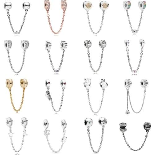 NEW 2021 100% 925 Sterling Silver Love Moon Stars Charm Safety Chain Fit DIY Original Bracelet Fshion Jewelry Gift