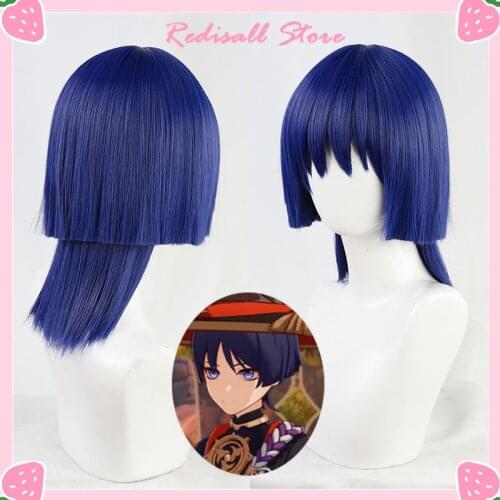 Genshin Impact Scaramouche Cosplay Wig Navy Blue Short Hair Heat Resistant Straight Synthetic Wig Game Role Play Adult