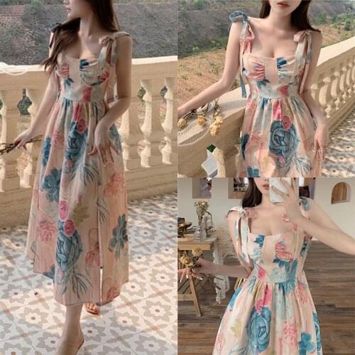 Strap Dress Polyester Thick Shoulder Strap Retro Floral Printting Long Dress for Summer d88
