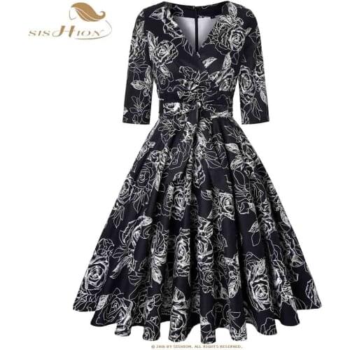 SISHION Cotton Elegant Black Floral Dress Women Autumn Half Sleeve Ladies Large Swing 50s Retro Vintage Winter Dress SD0006