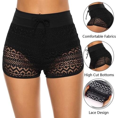 Sexy Mesh Womens Swimming Trunks Summer Lace Hollow Swimsuit Bottom Fat Swim Shorts Boxer Briefs Women High Waist Panties #T4G