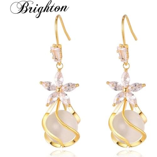 Brighton Fashion Ball Opal Zircon Petal Dangle Drop Earring For Women Girl Party Weeding Temperament Jewelry Gift 2021