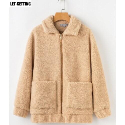 Faux fur lapel sweatshirt fleece female jacket autumn winter warm soft thick plush zipper short overcoat S-3XL multi colors