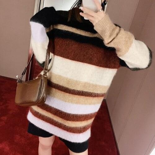 Top Women Sweater Mohair Wool Rainbow Striped Round Neck Pullover Loose Long Ladies Sweater